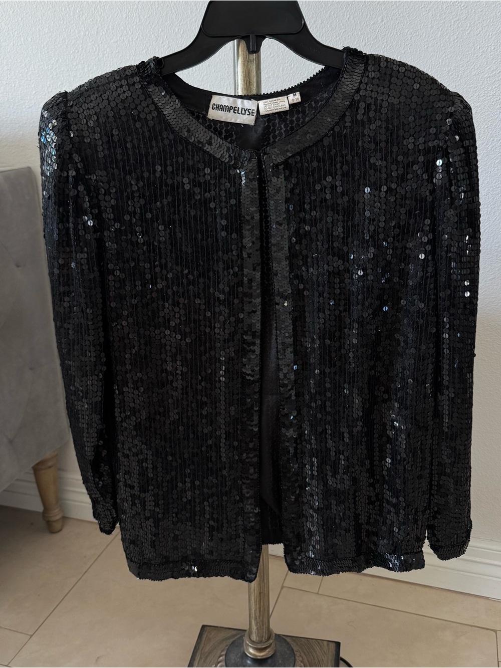 Champellyse Vintage 80s Black Sequin Jacket 100% Silk Beaded SzM Open Front Luxe